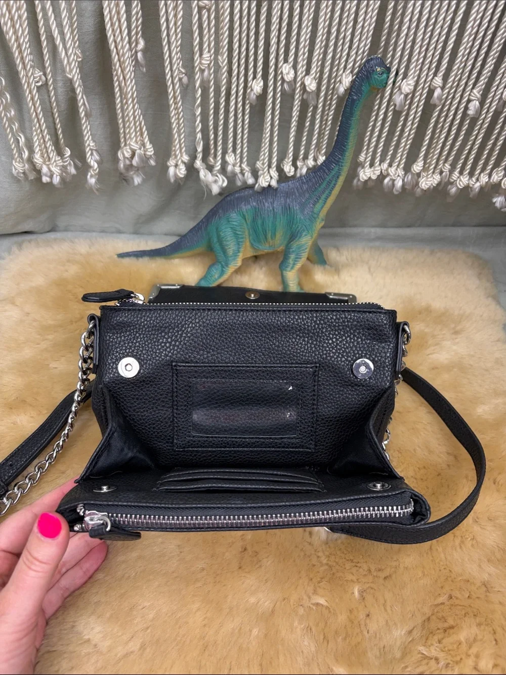 White House Black Market Black Crossbody Bag with Black Suede, Floral Embroidery